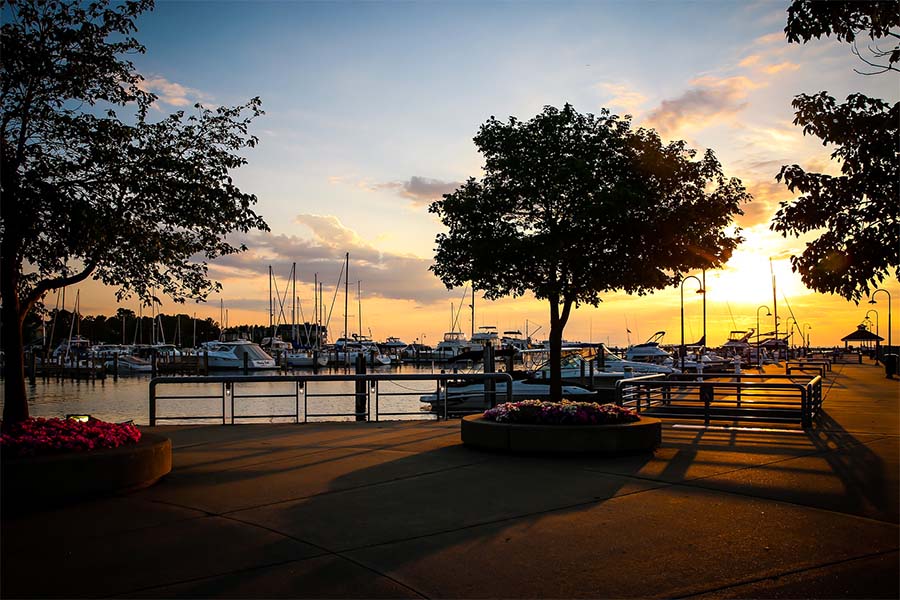 About Our Agency - Scenic View of Trees Next to a Marina with Boats at Sunset in Petoskey Michigan