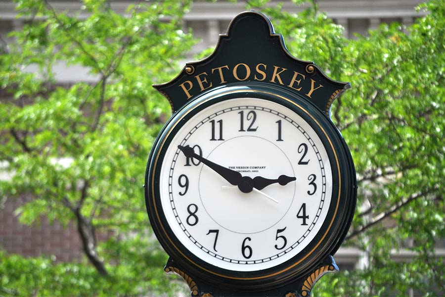Petoskey, MI - Closeup View of an Outdoor Historical Petoskey Clock in Downtown Petoskey Michigan